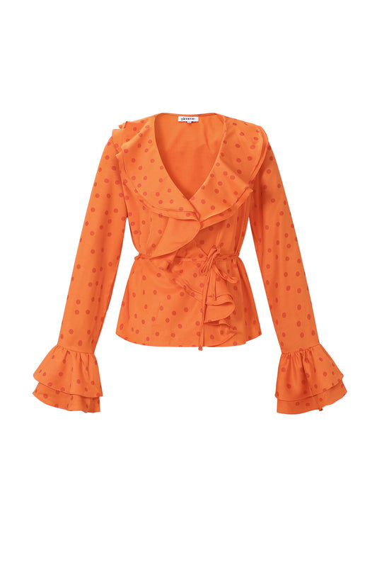Elegant Orange Polka Dot Ruffle Trim Long Sleeve Top