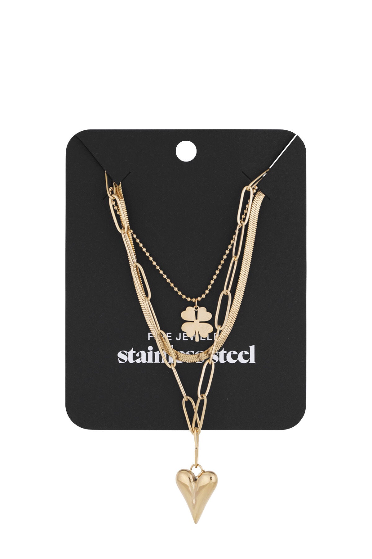 Elegant Gold Long Necklace with Heart & Clover Charm