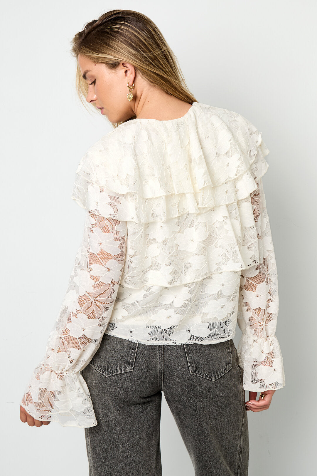 Elegant Floral Lace Panel Woven Shirt for Fall/Winter
