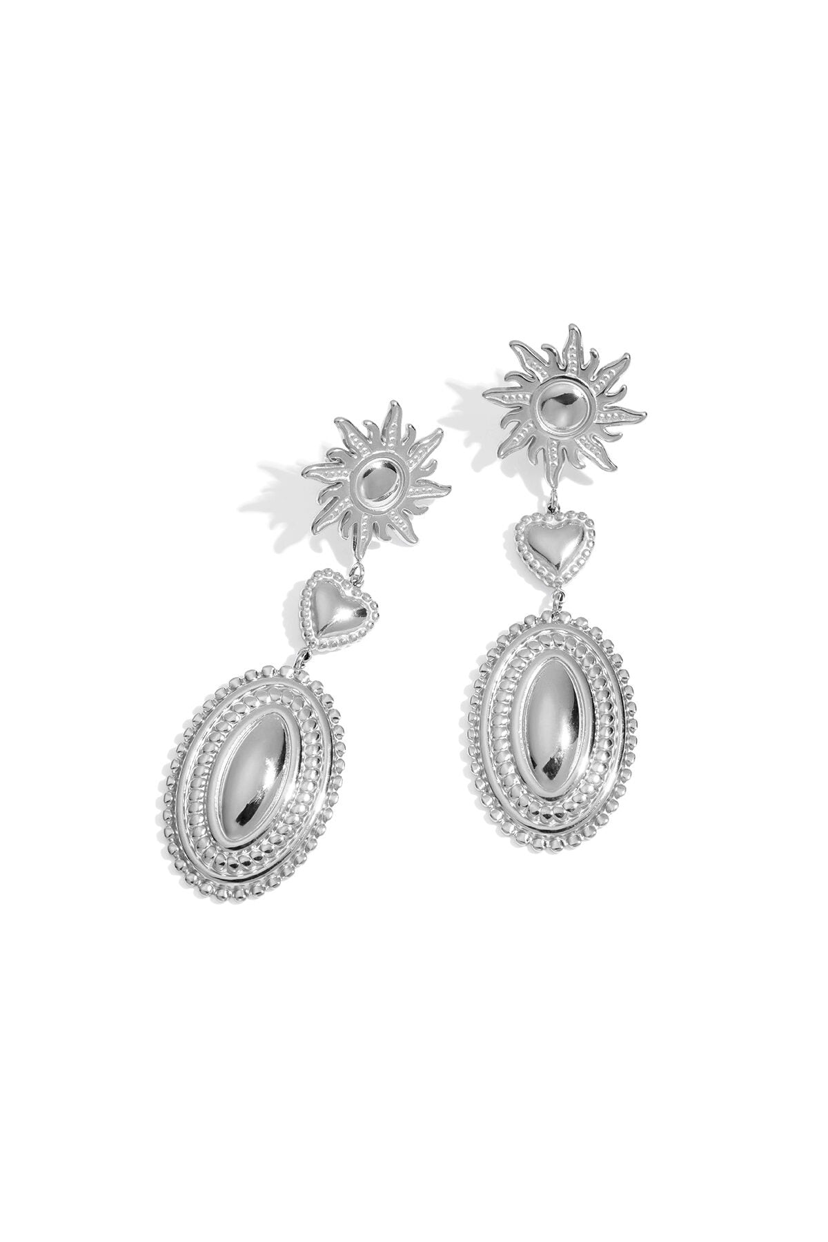 Stylish Heart & Sun Dangle Earrings - Silver & Gold