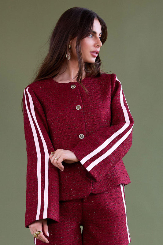 Elegant Plaid Wine Red & Black Jacket for Fall/Winter