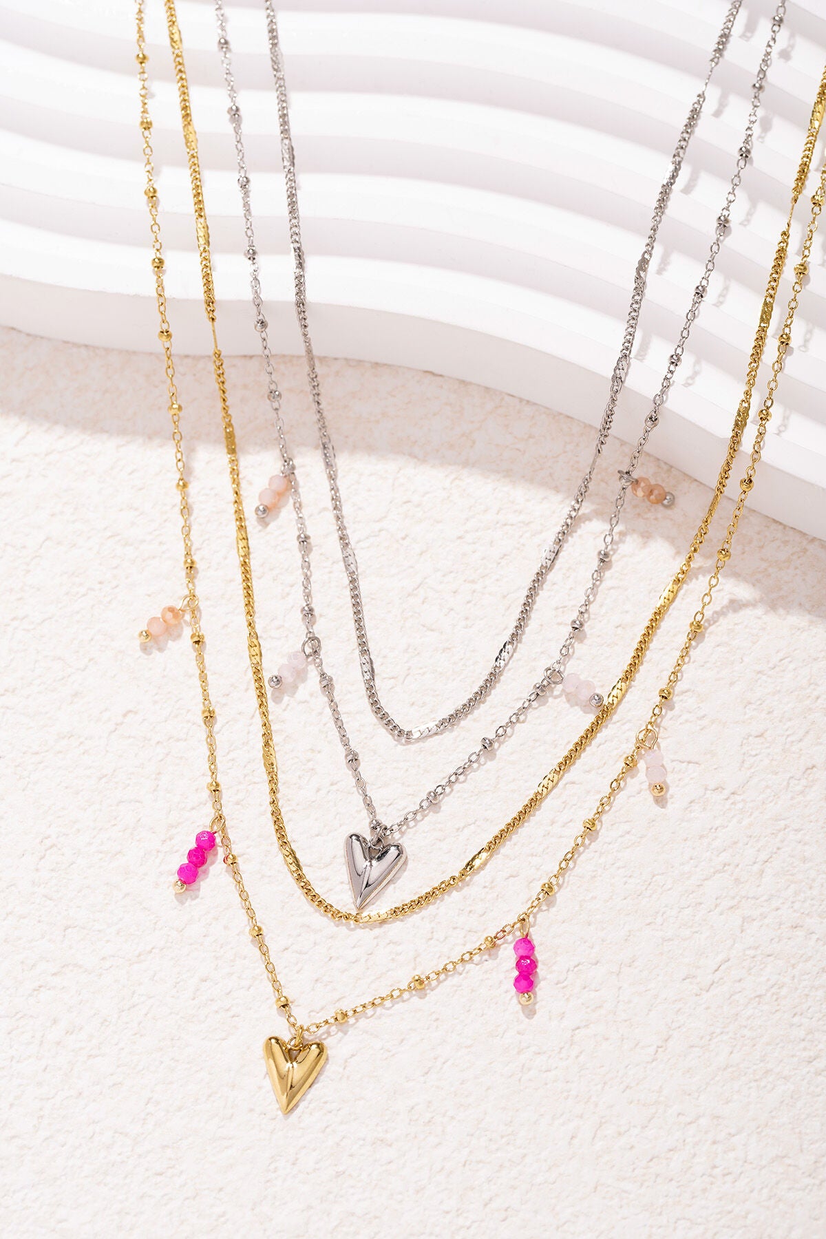 Elegant Multi-Layered Heart Necklace in Silver & Gold