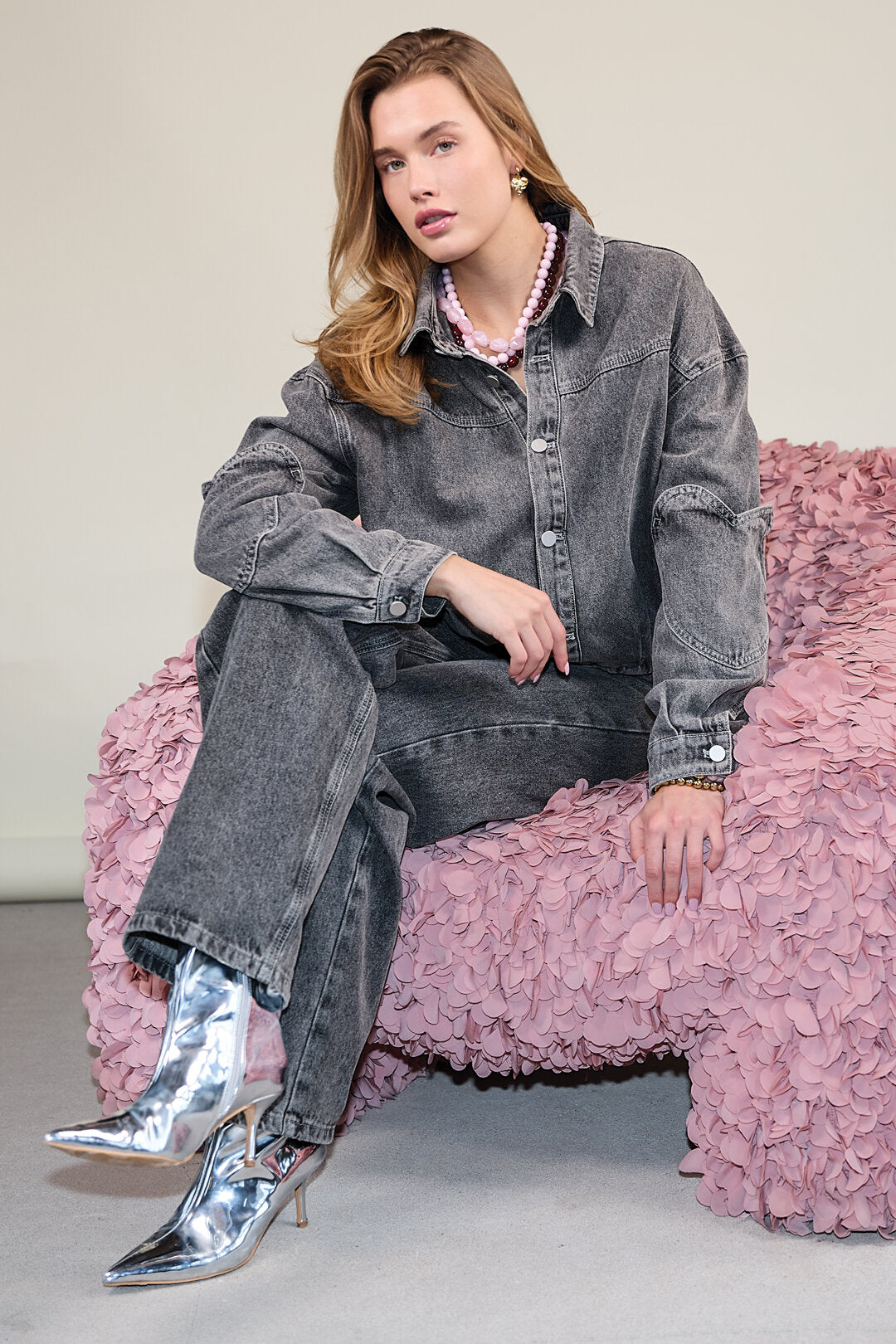 Gimme Grey & Pink Denim Jacket Set for All Fits