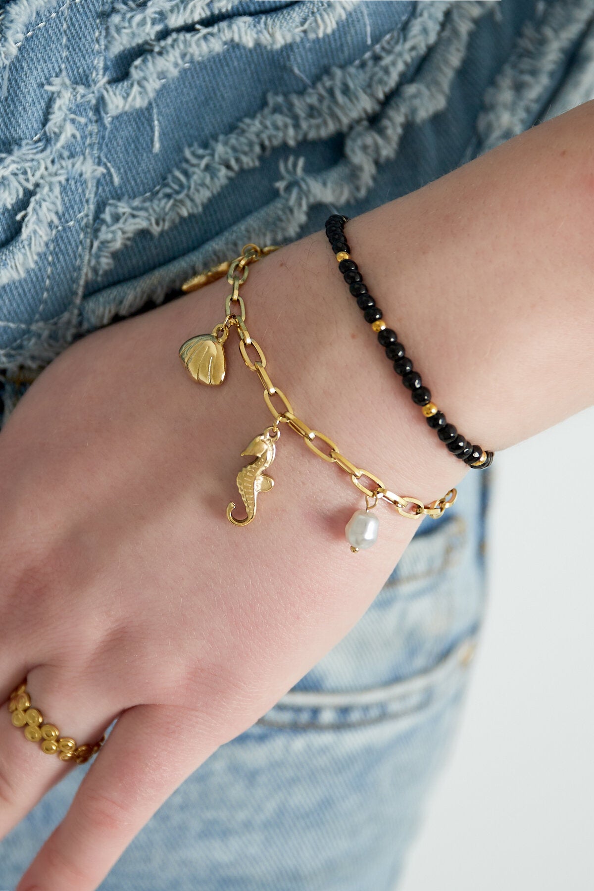 Elegant Black Beaded Bracelet - Stainless Steel Statement