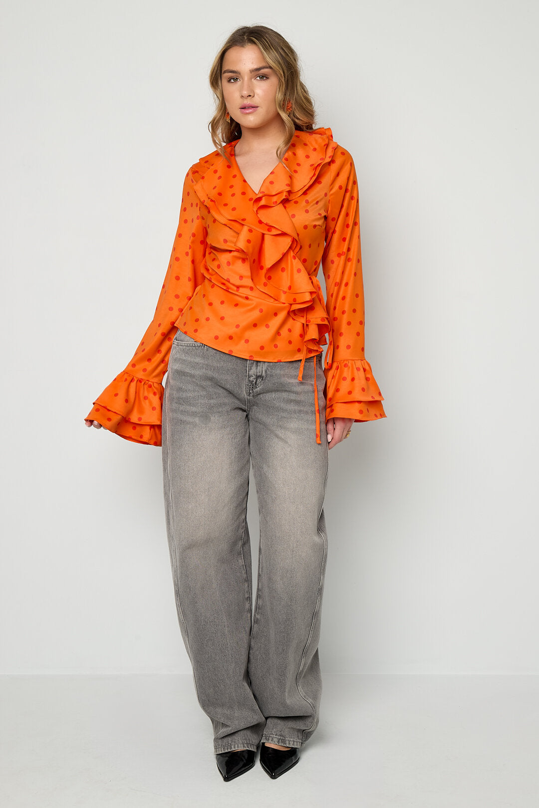 Elegant Orange Polka Dot Ruffle Trim Long Sleeve Top