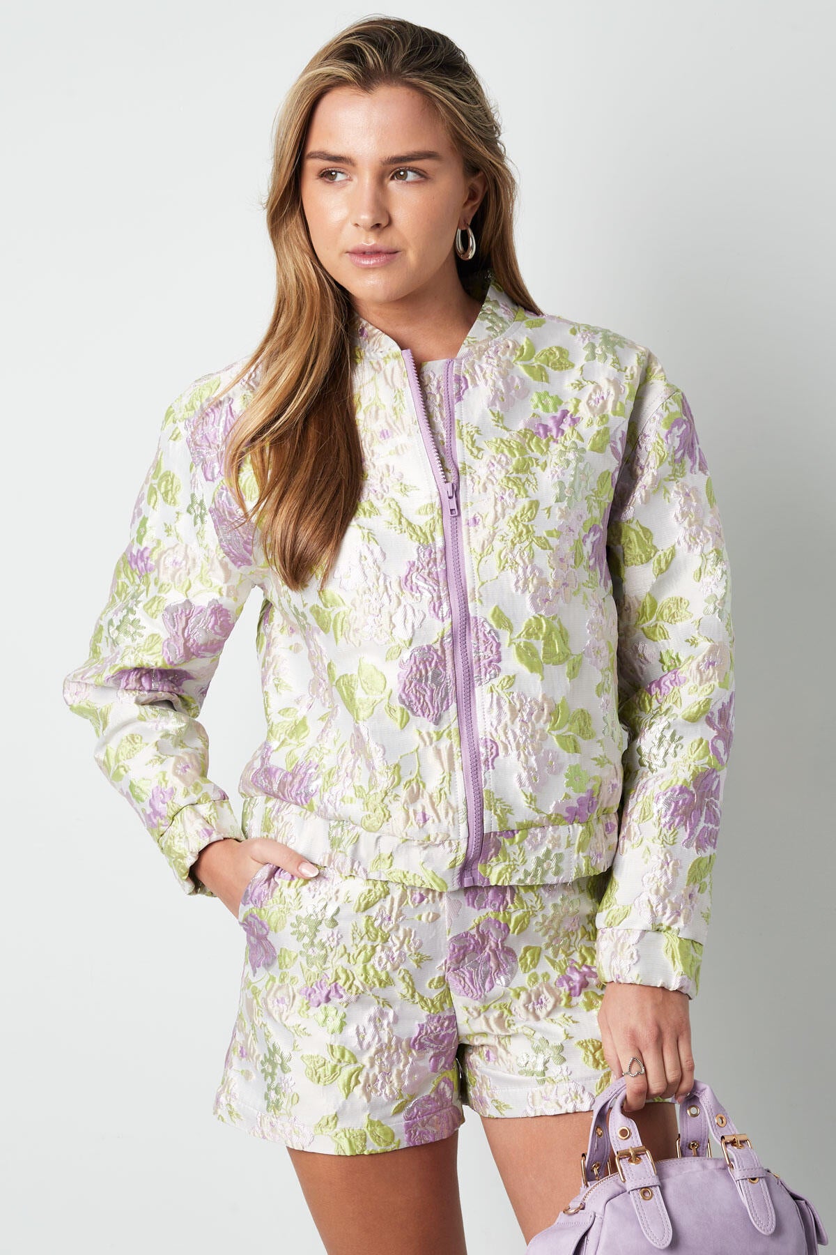 Stylish Polyester Jacket in Green, Purple & Pink