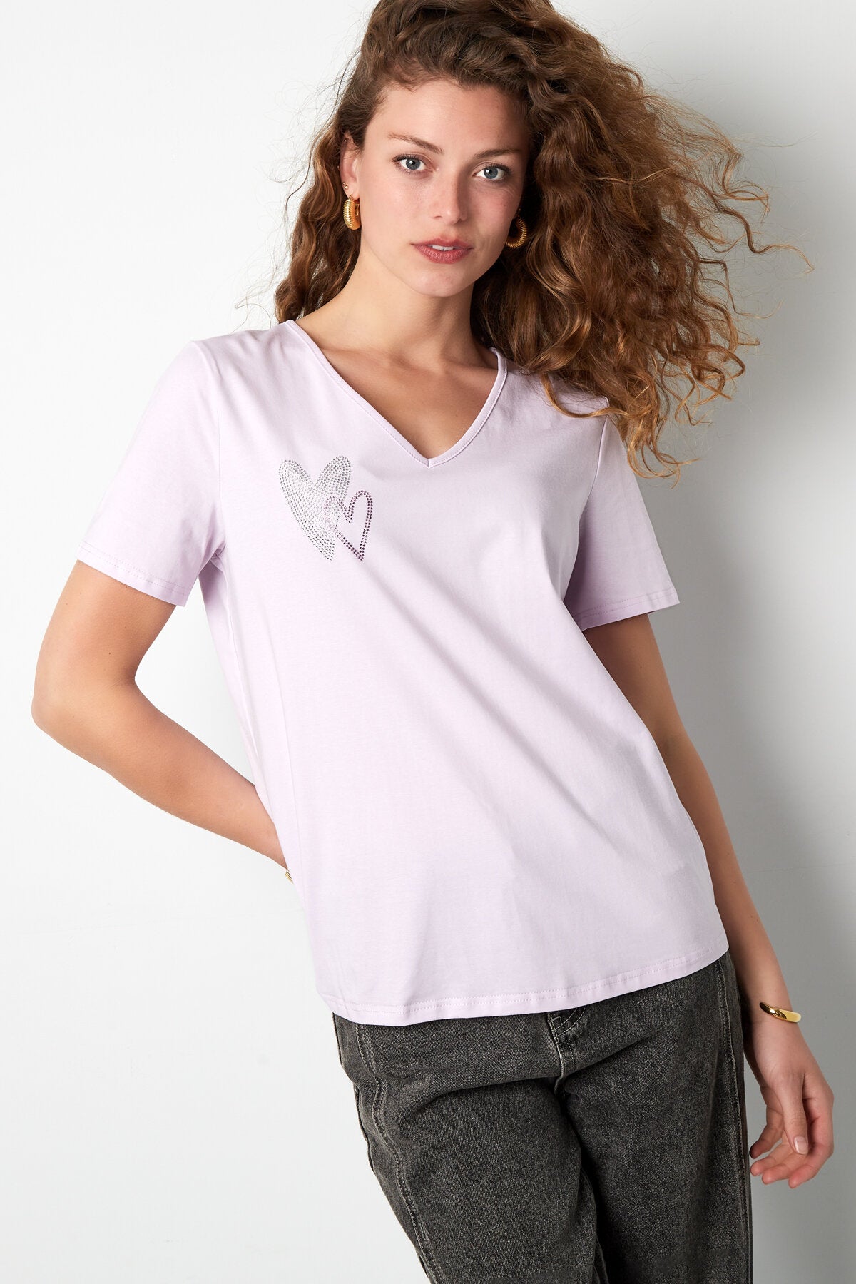 Cotton Women's V-Neck T-Shirt Embroidered Heart Design