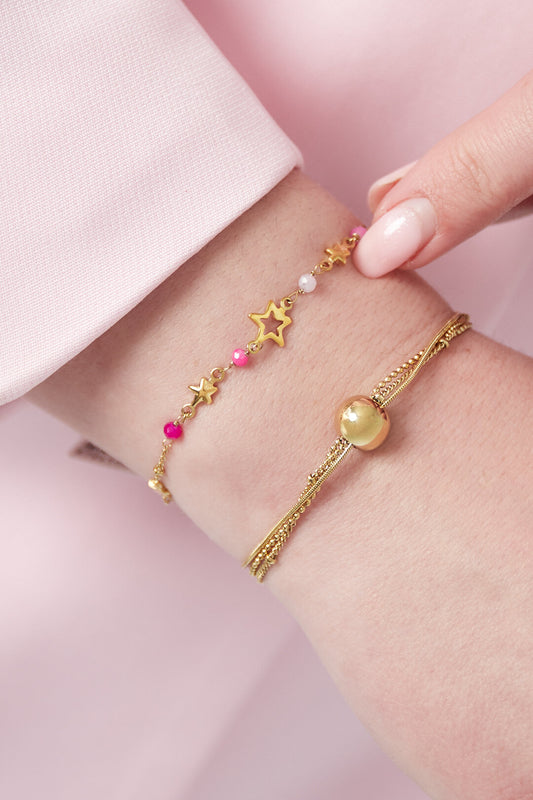 Stylish Stainless Steel Star Charm Bracelet - Pink & Green