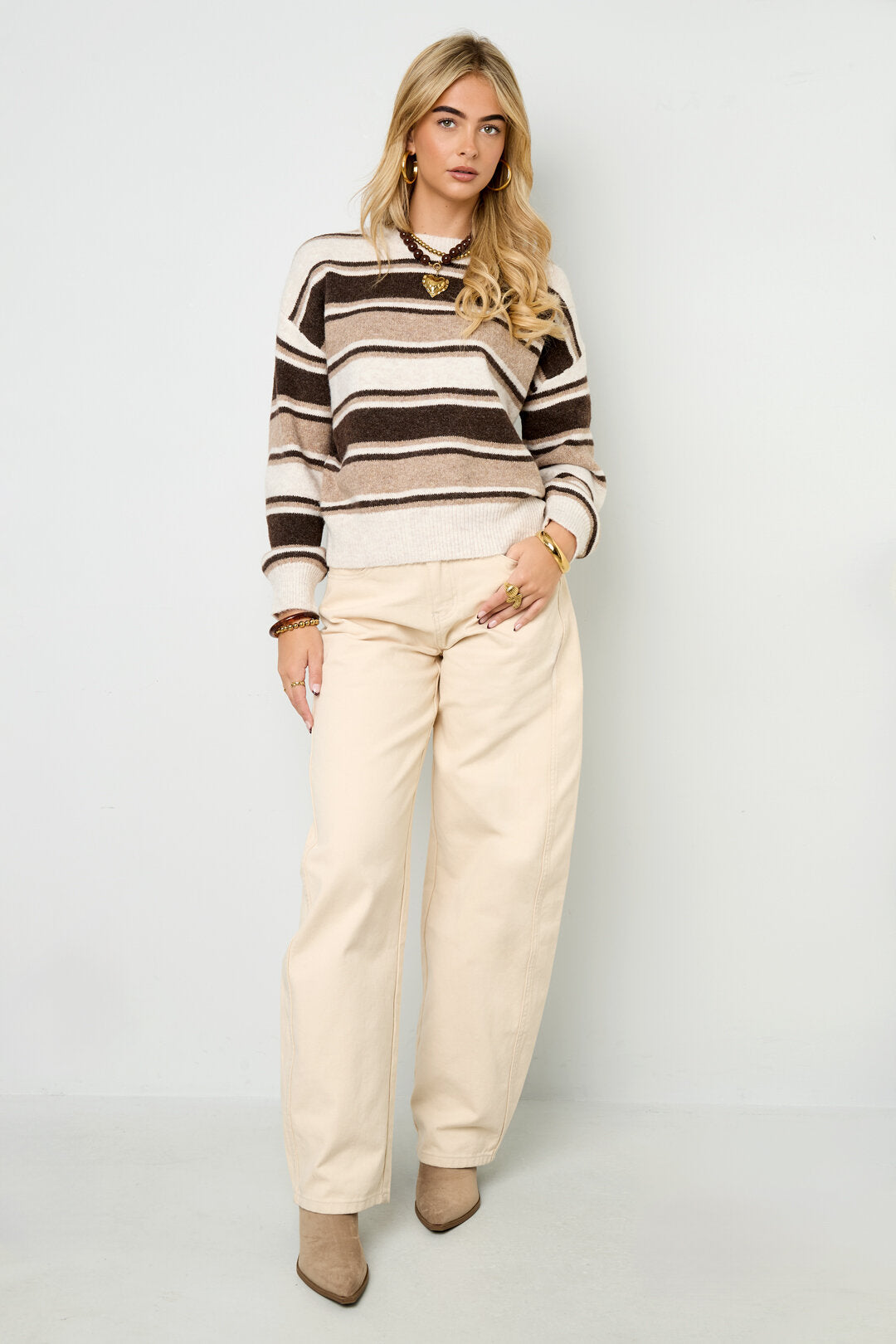 Stylish Khaki, Pink & Dark Brown Striped Knit Sweater