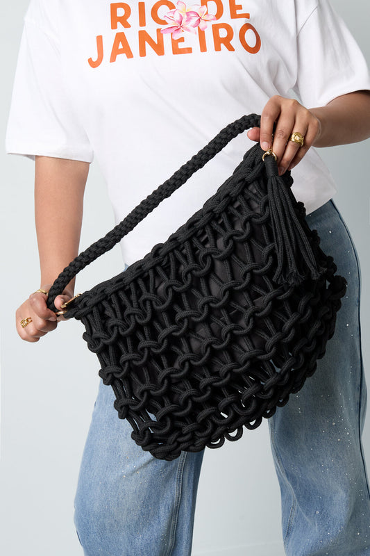 Elegant Black & Off-White Woven Beach Bag for Summer