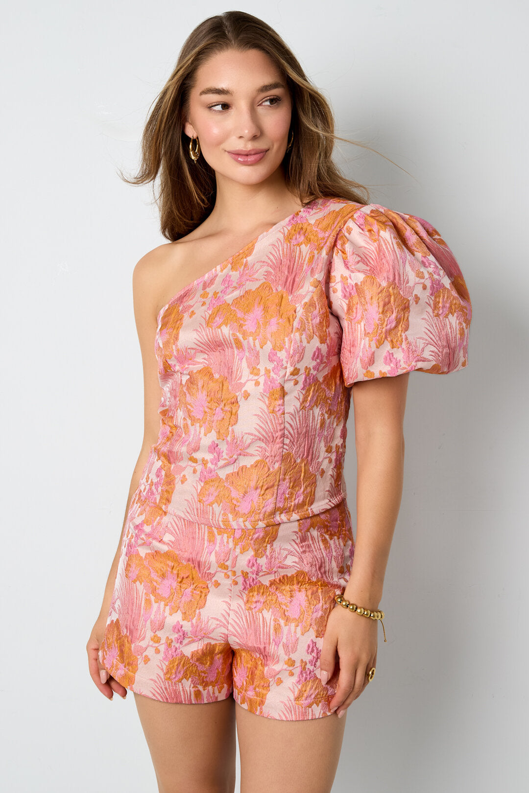 Elegant Floral Print Orange Short Sleeve Top for Spring/Summer