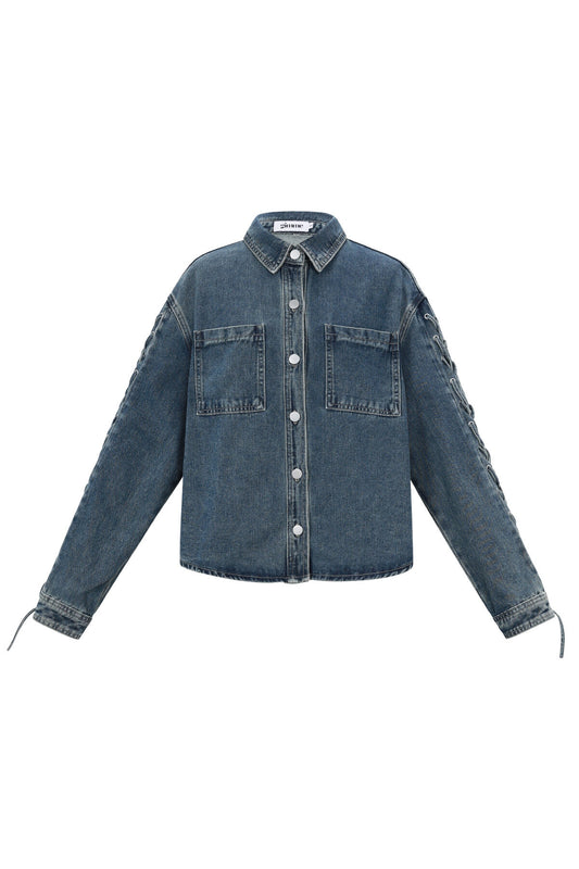 Stylish All-Fit Denim Jacket in Blue and Beige