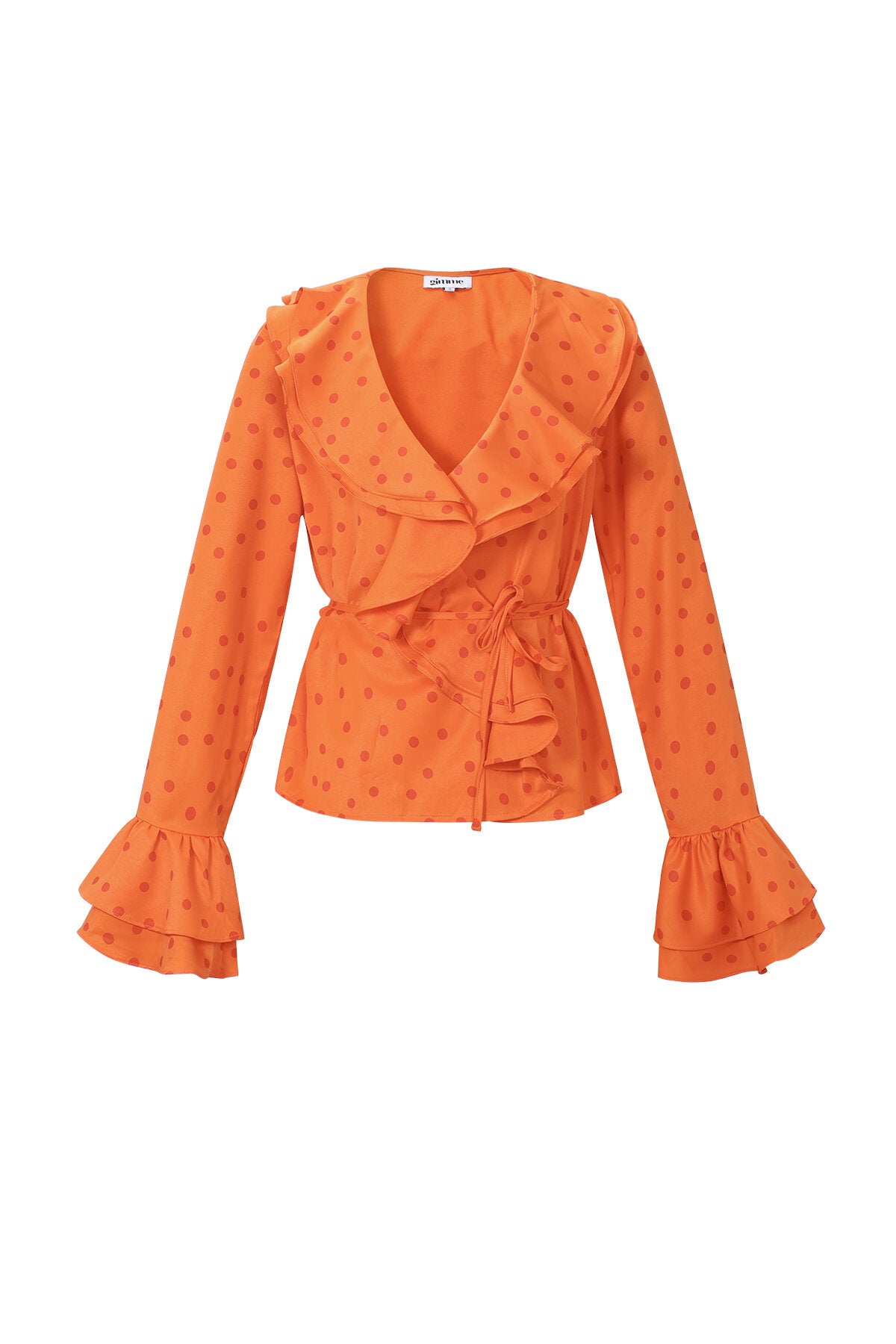 Elegant Orange Polka Dot Ruffle Trim Long Sleeve Top