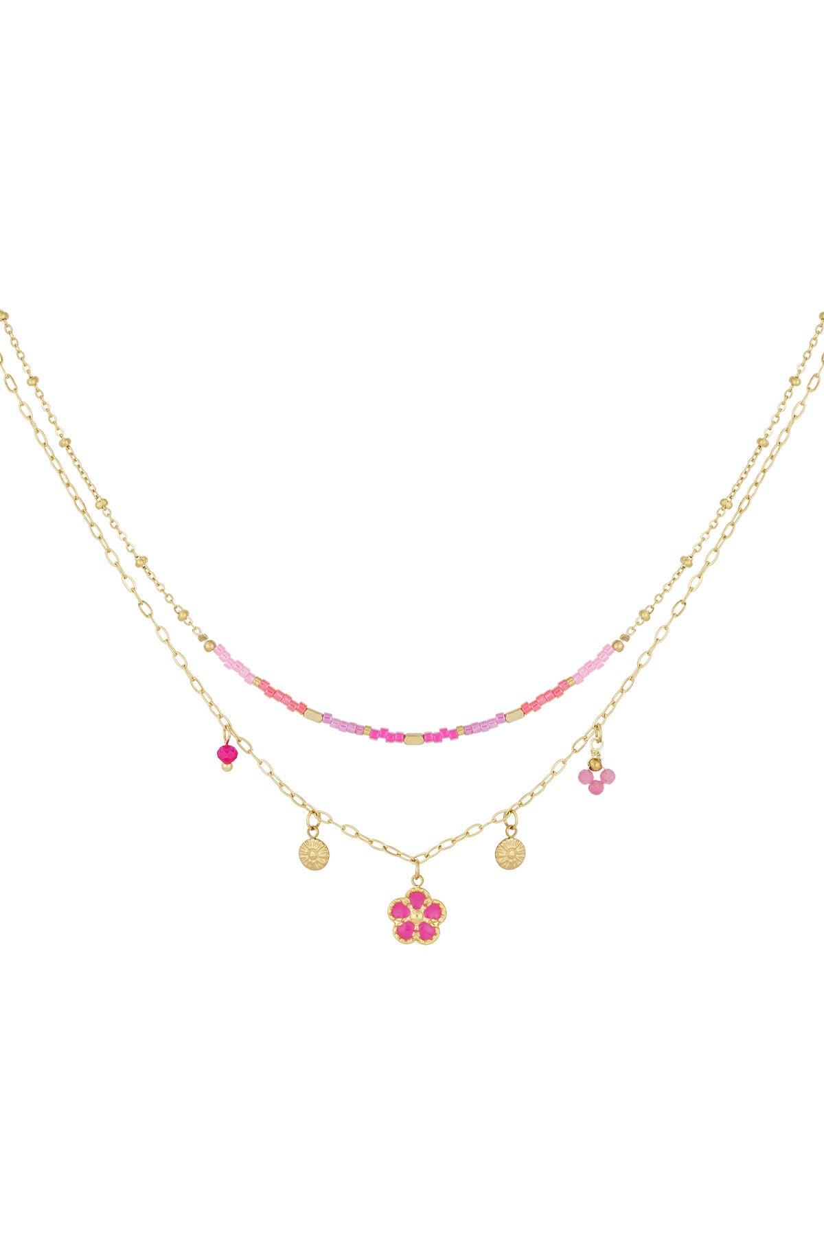 Elegant Multi-Layered Green & Fuchsia Necklace
