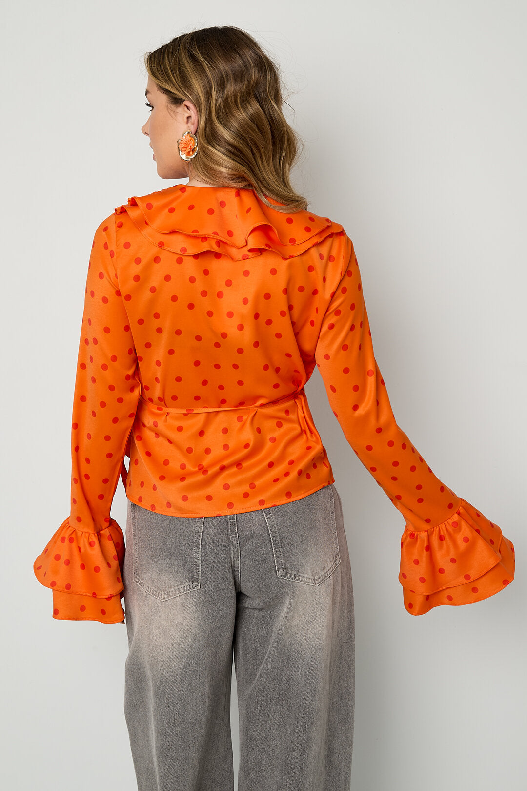 Elegant Orange Polka Dot Ruffle Trim Long Sleeve Top