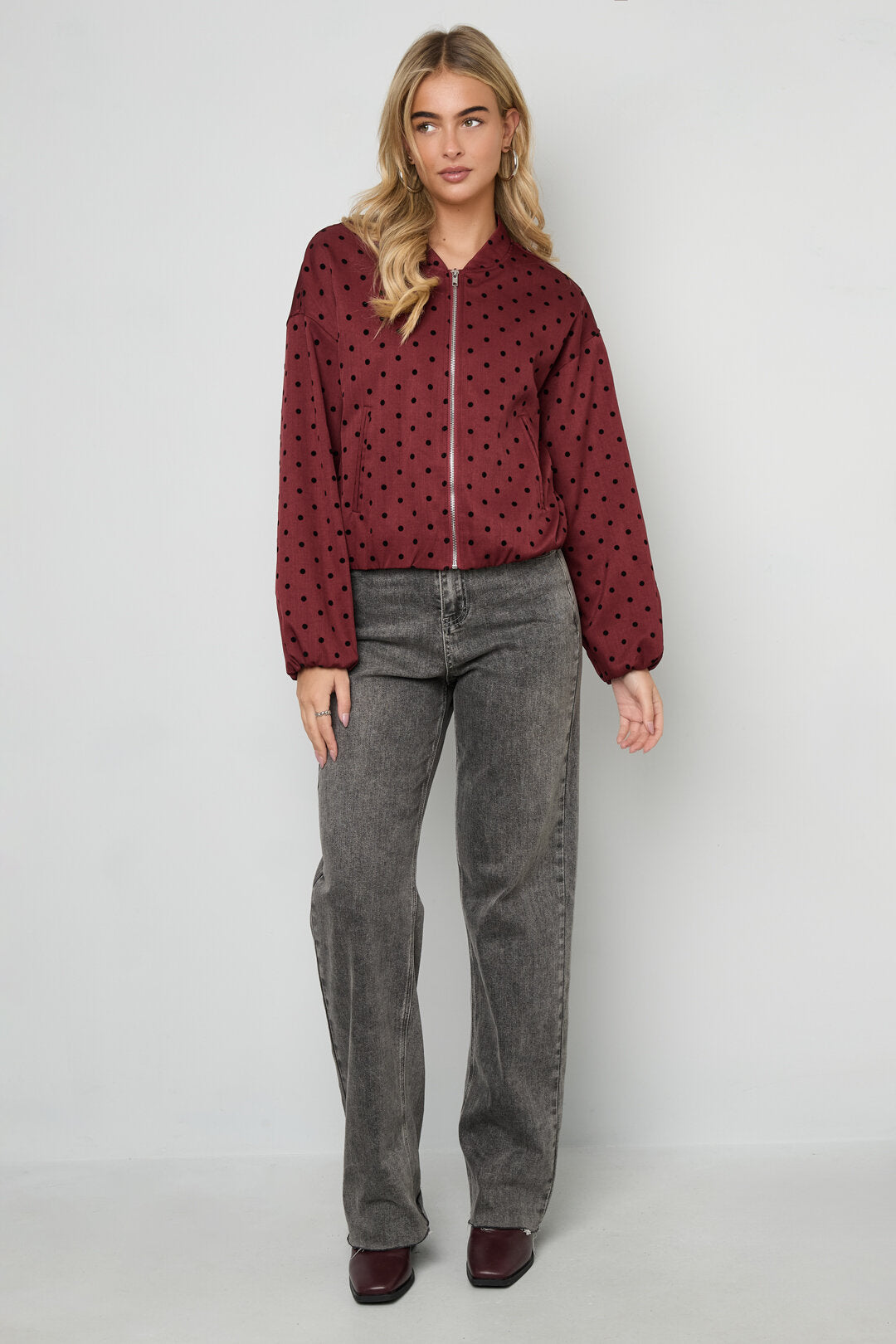 Wine Red & Dark Brown Polka Dot Winter Jacket