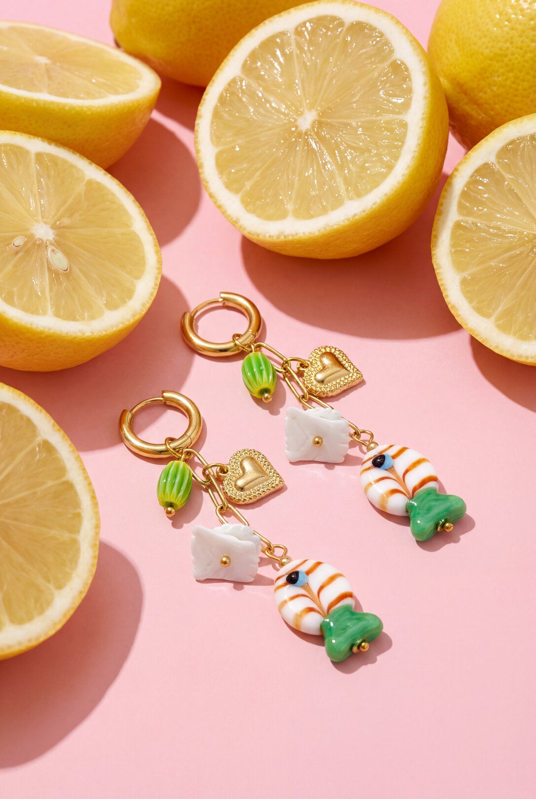 Charming Gold Color Heart & Fish Bead Earrings