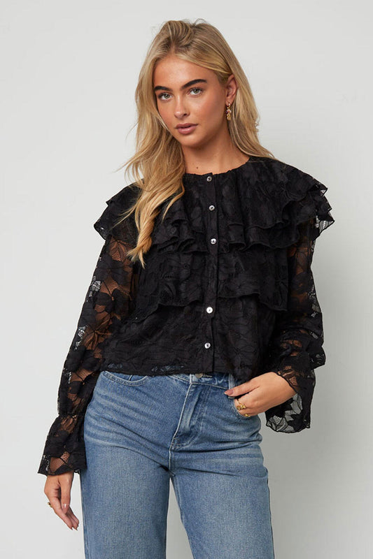 Elegant Floral Lace Panel Woven Shirt for Fall/Winter