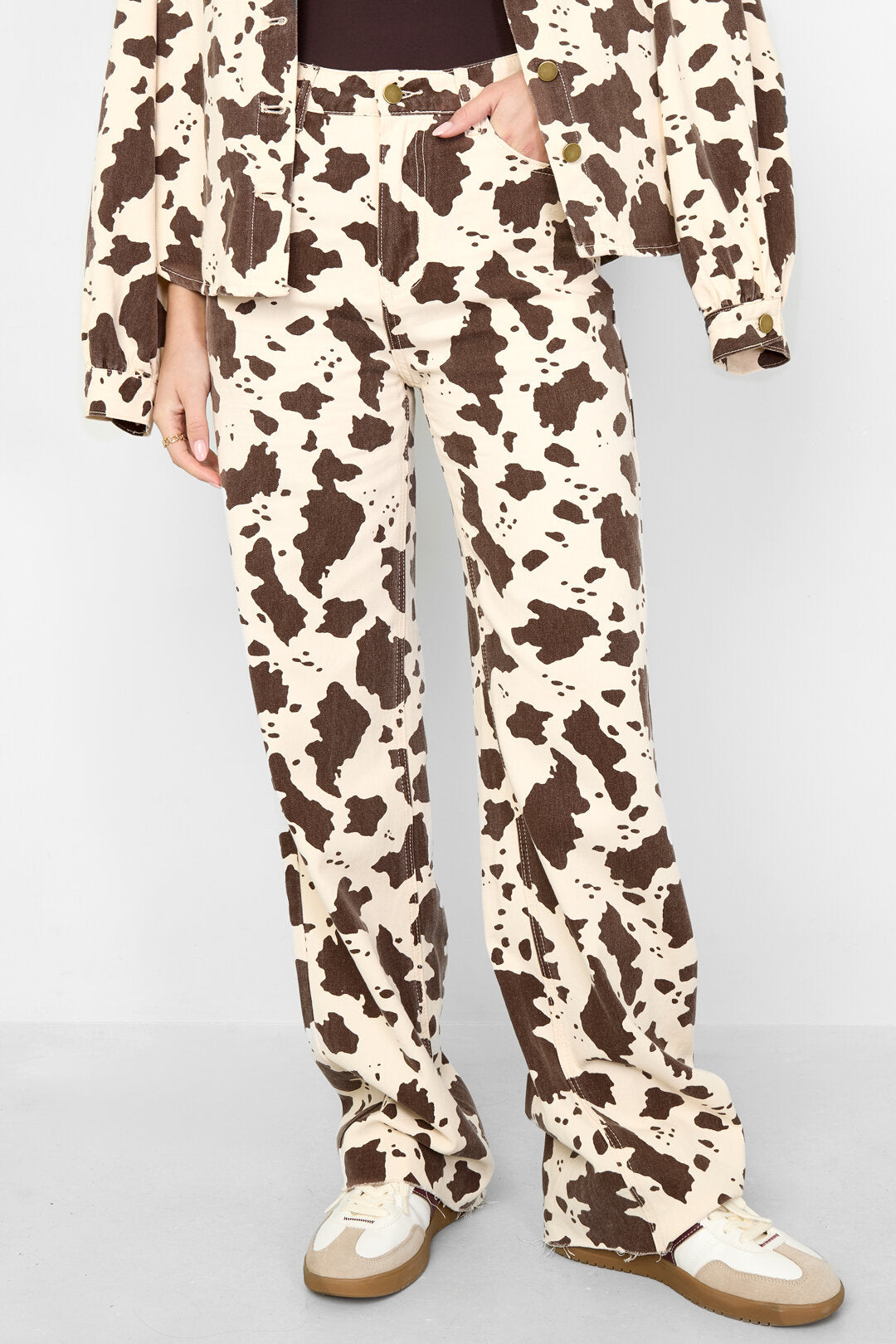 Gimme White & Olive Brown Cotton Casual Denim Pants