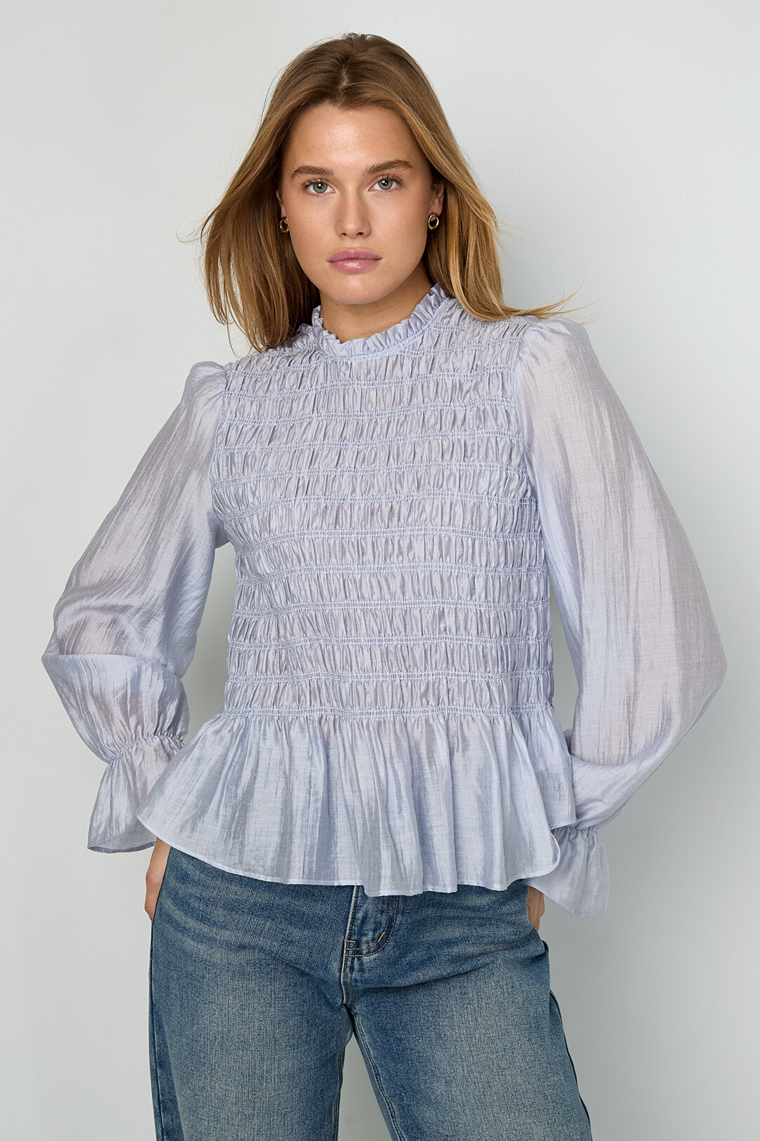 Elegant Spring/Summer Long Sleeve Top in Baby Blue & Off-White