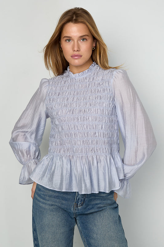 Elegant Spring/Summer Long Sleeve Top in Baby Blue & Off-White