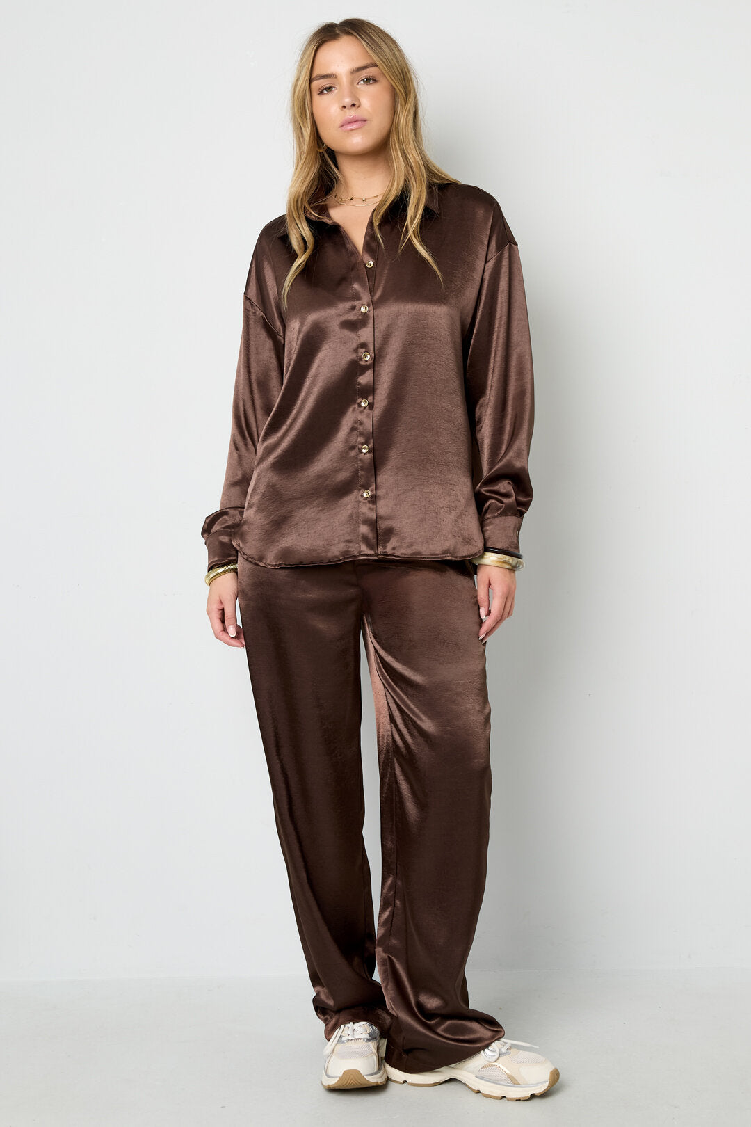 Chic Coffee Brown & Off-White Woven Blouse for Fall
