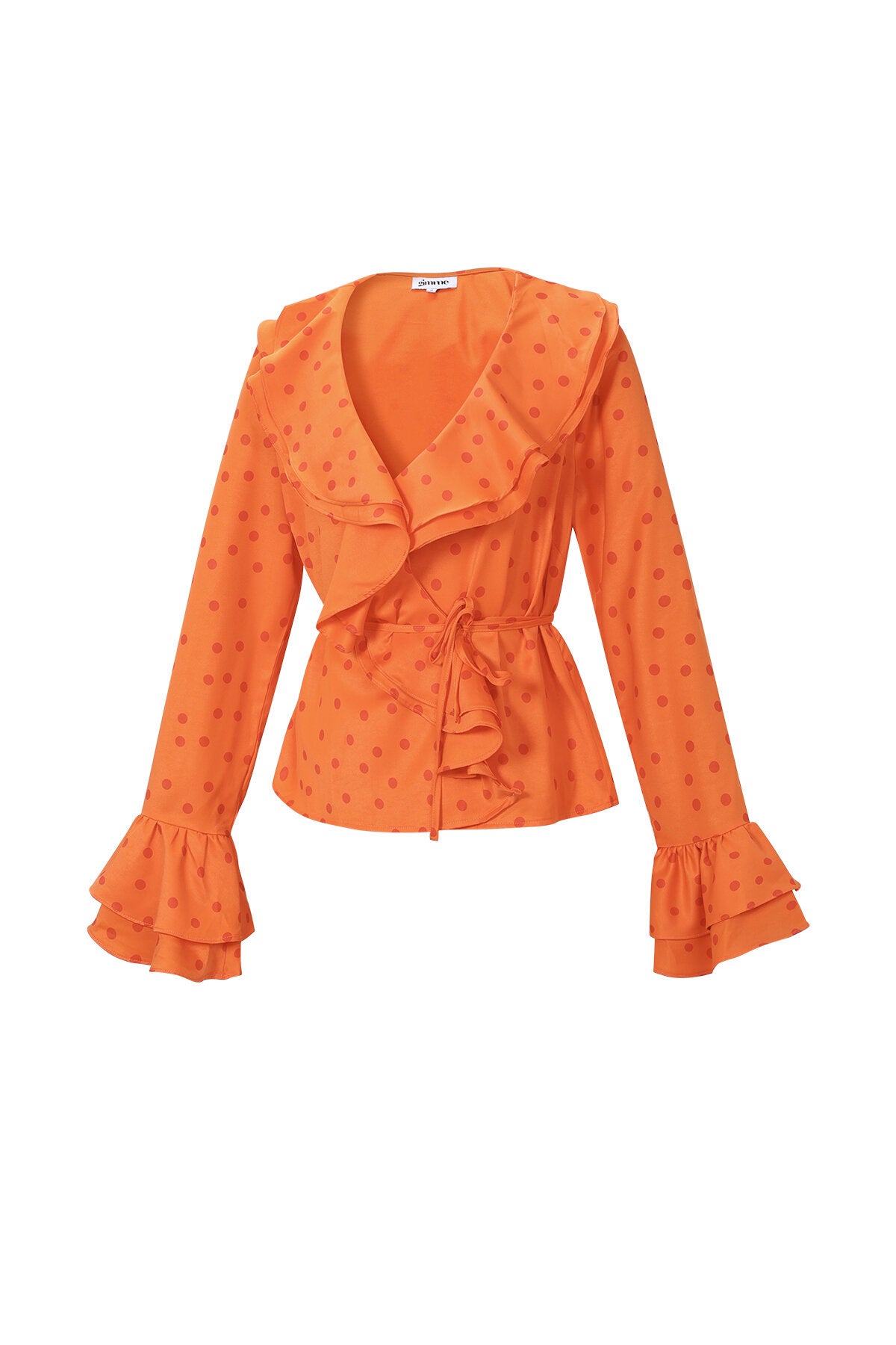 Elegant Orange Polka Dot Ruffle Trim Long Sleeve Top