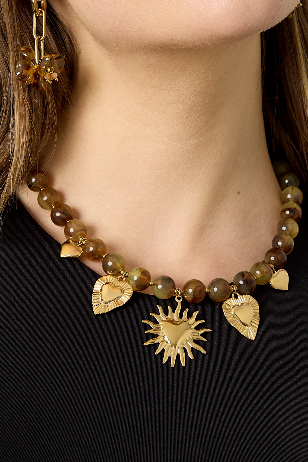 Chic Khaki & Light Pink Heart Beaded Necklace