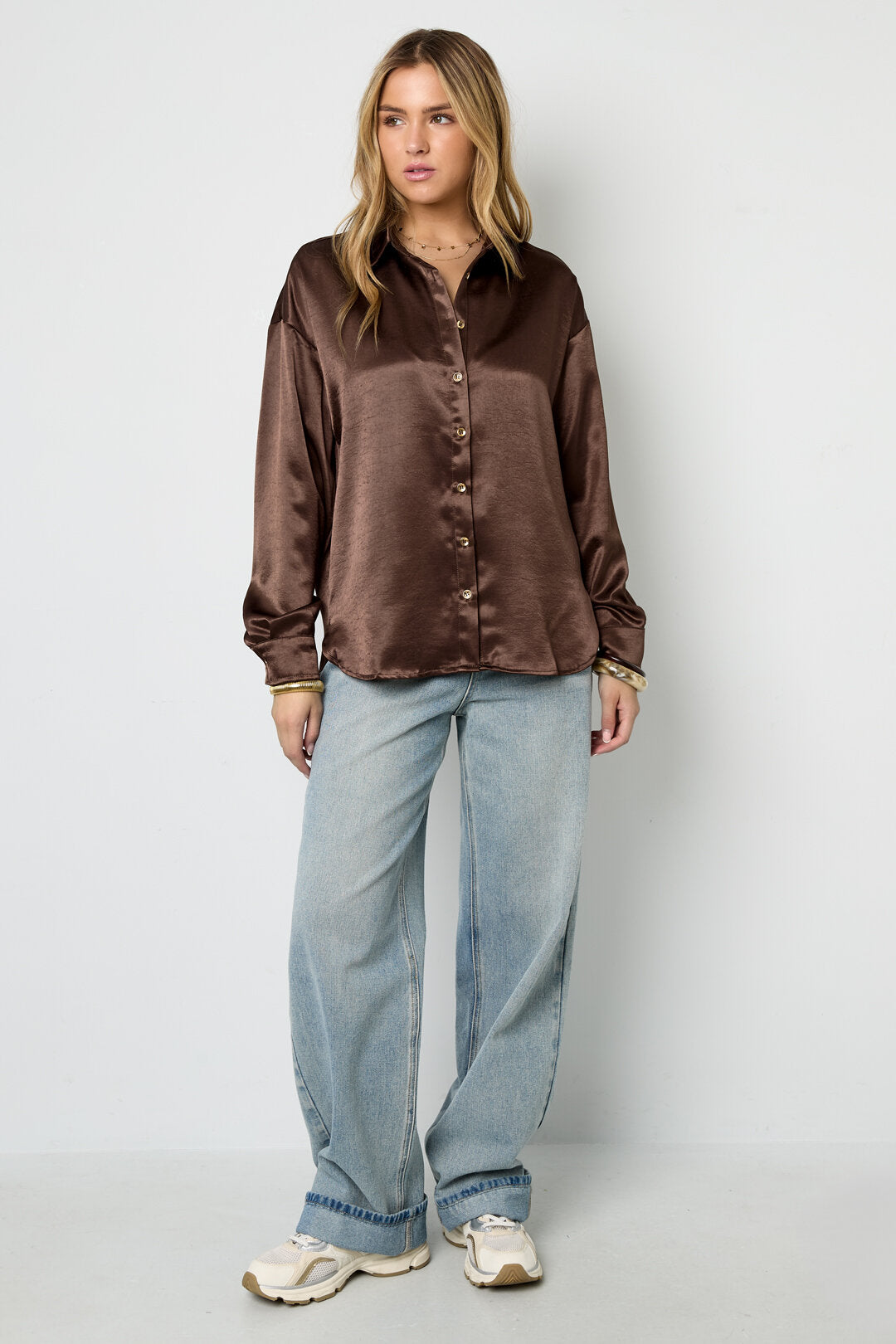 Chic Coffee Brown & Off-White Woven Blouse for Fall