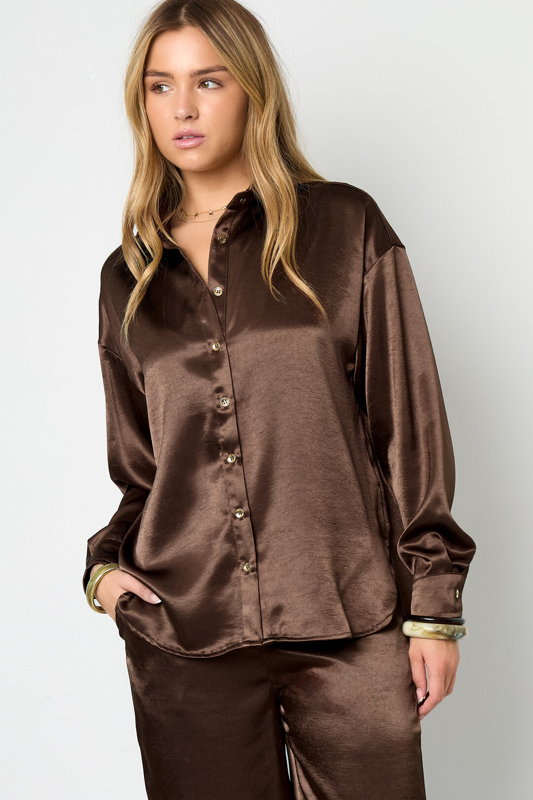 Chic Coffee Brown & Off-White Woven Blouse for Fall