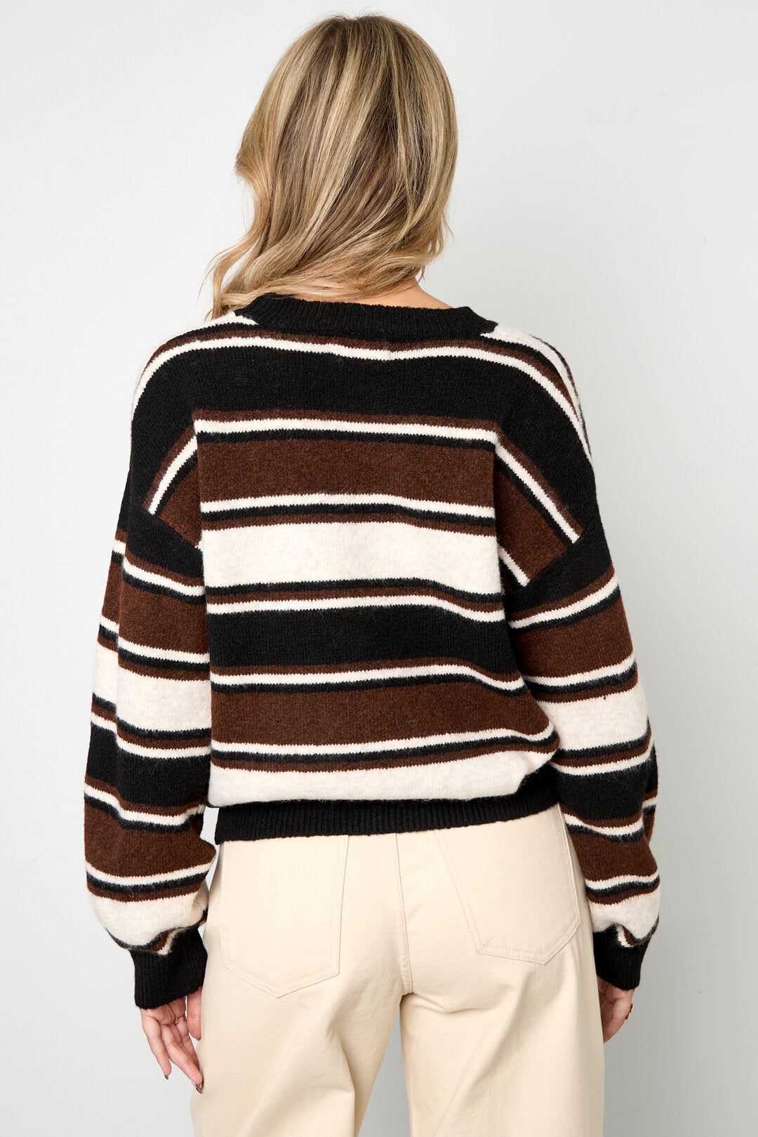 Stylish Khaki, Pink & Dark Brown Striped Knit Sweater