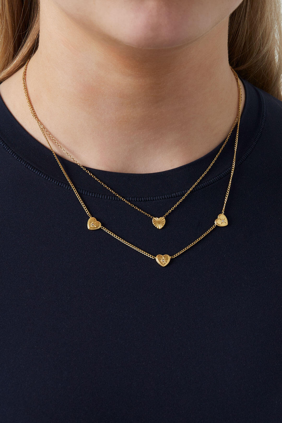 Elegant Multi-Layered Heart Necklace in Silver & Gold