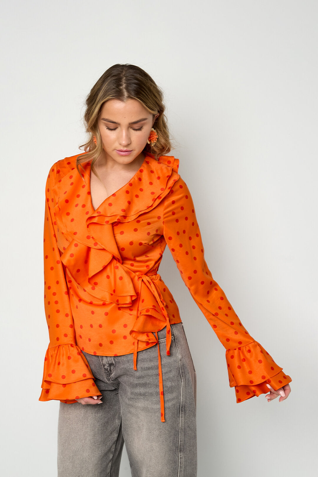 Elegant Orange Polka Dot Ruffle Trim Long Sleeve Top