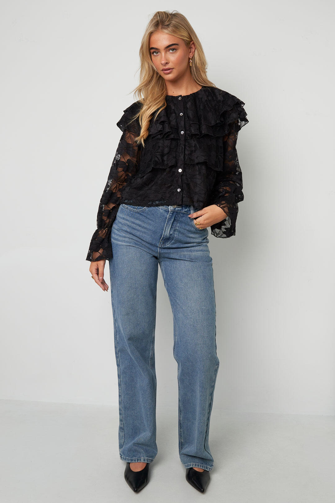Elegant Floral Lace Panel Woven Shirt for Fall/Winter