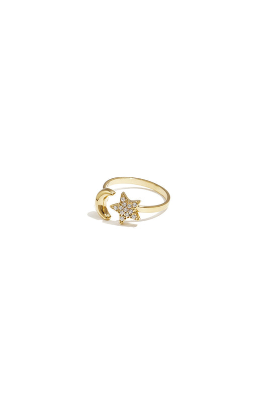 Elegant Gold-Toned Adjustable Star & Moon Ring