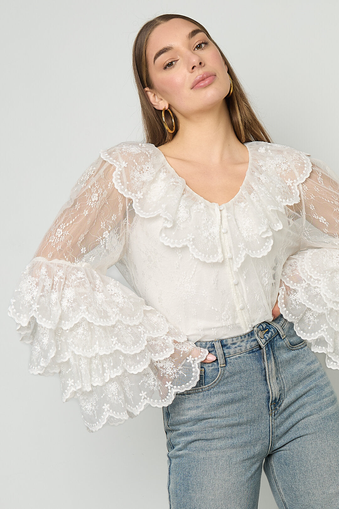 Elegant Off-White Floral Lace Blouse for Spring/Summer