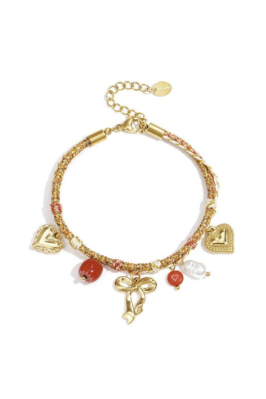 Elegant Gold Heart & Bow Knot Charm Bracelet for Women