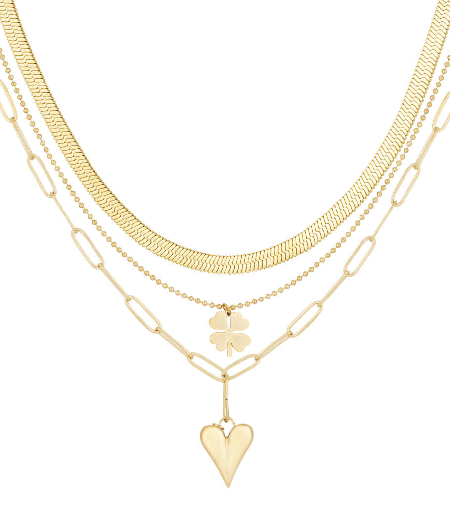 Elegant Gold Long Necklace with Heart & Clover Charm