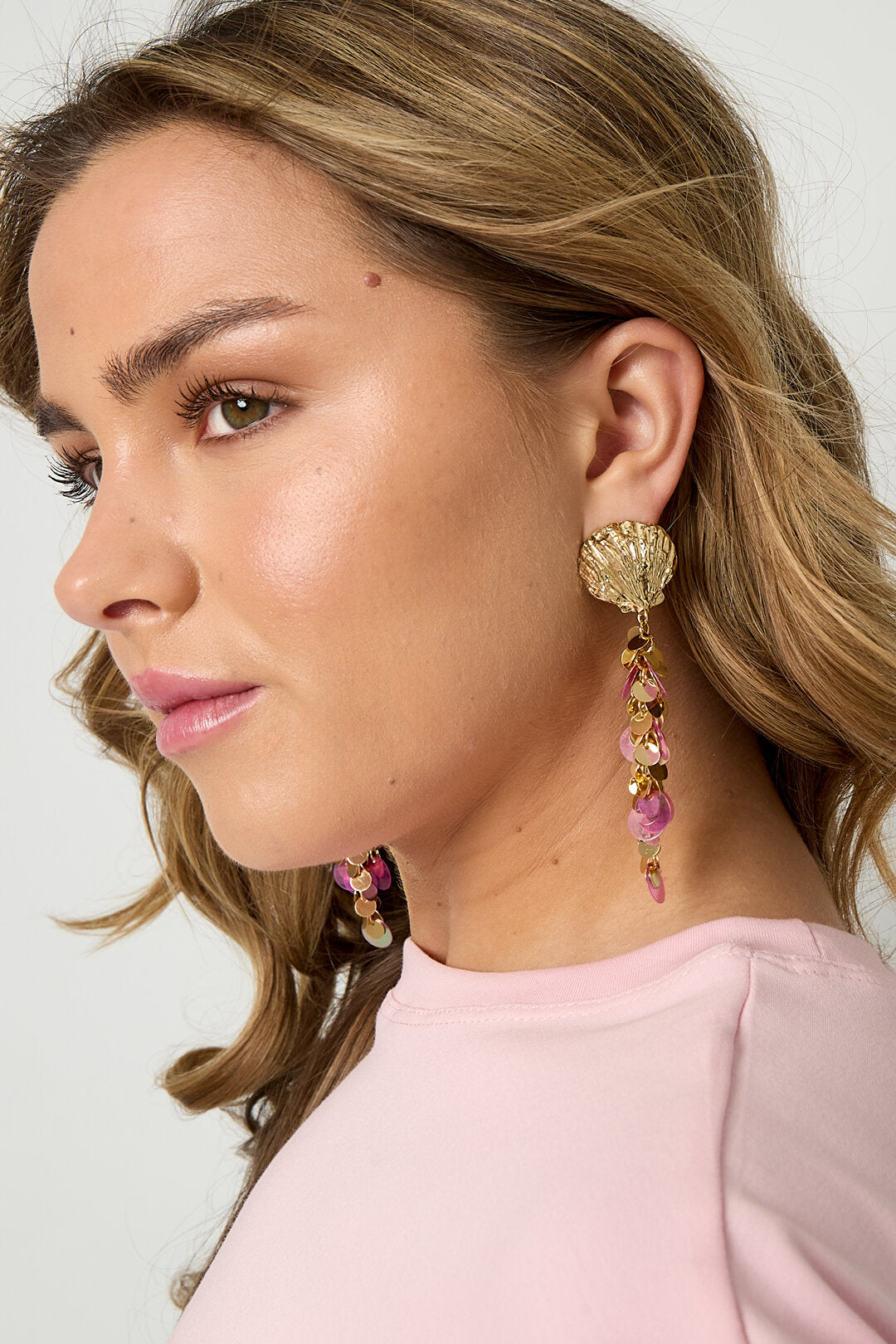 Elegant Dangle Earrings in Orange, Pink, and Gold