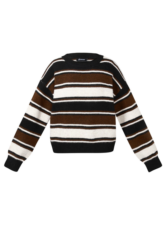 Stylish Khaki, Pink & Dark Brown Striped Knit Sweater