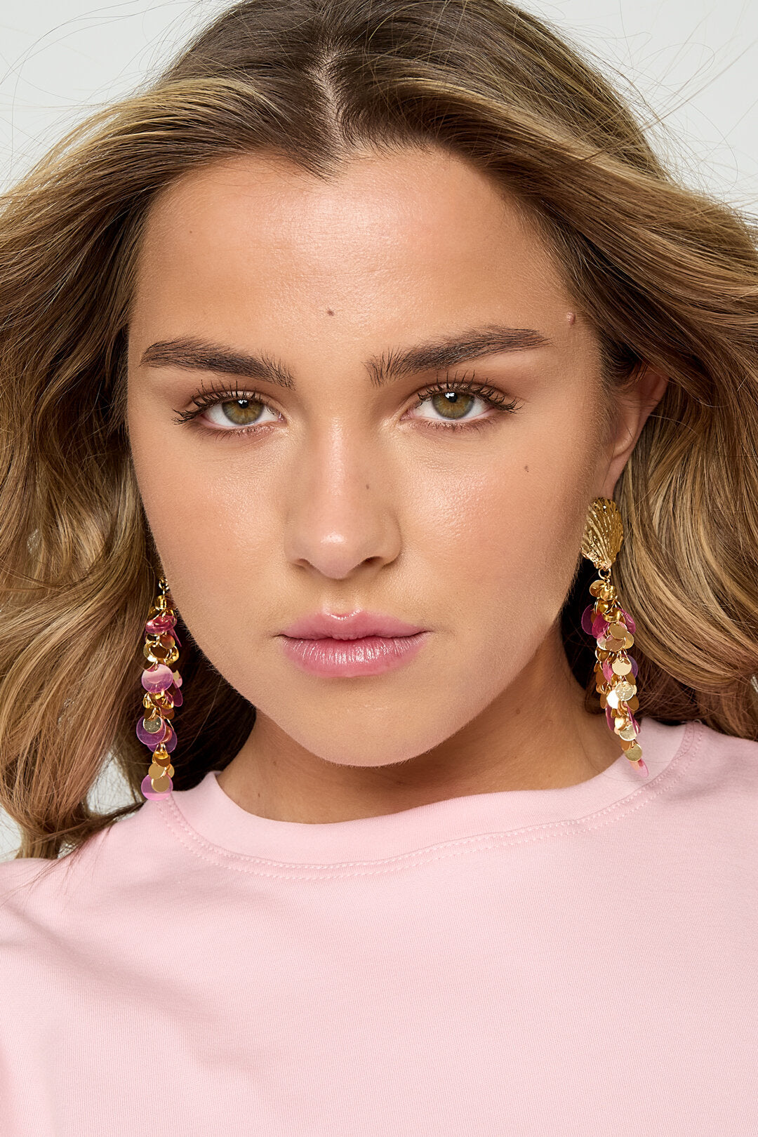 Elegant Dangle Earrings in Orange, Pink, and Gold