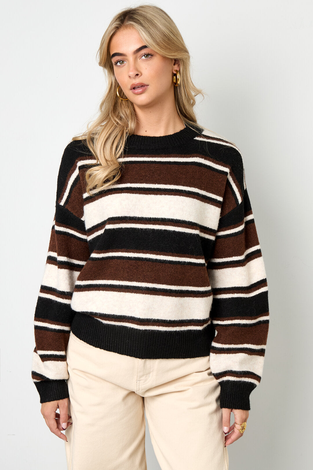 Stylish Khaki, Pink & Dark Brown Striped Knit Sweater