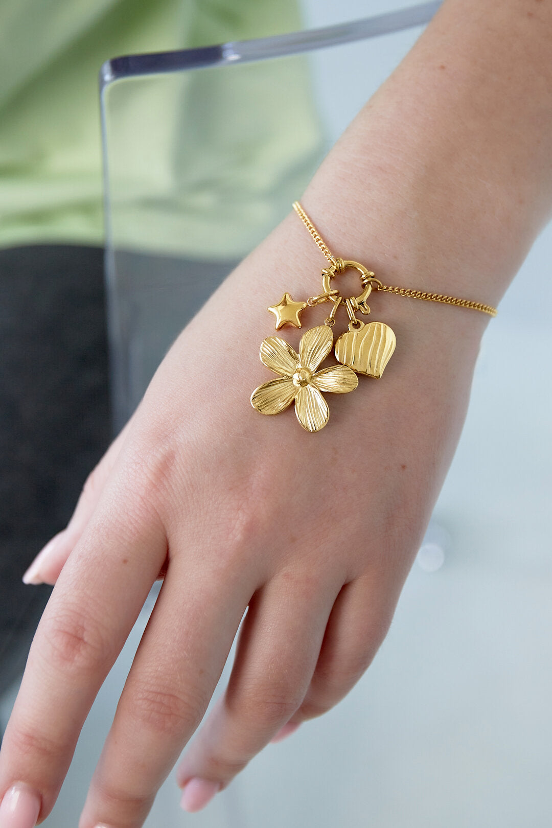 14K Gold Plated Flower Charm Bracelet for Women