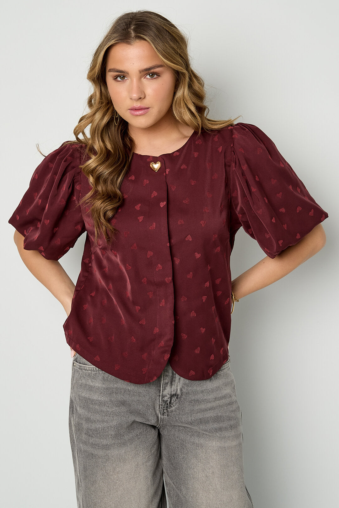 Elegant Off-White & Crimson Heart Woven Top for Spring/Summer