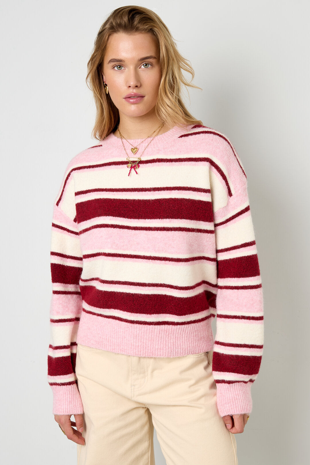 Stylish Khaki, Pink & Dark Brown Striped Knit Sweater