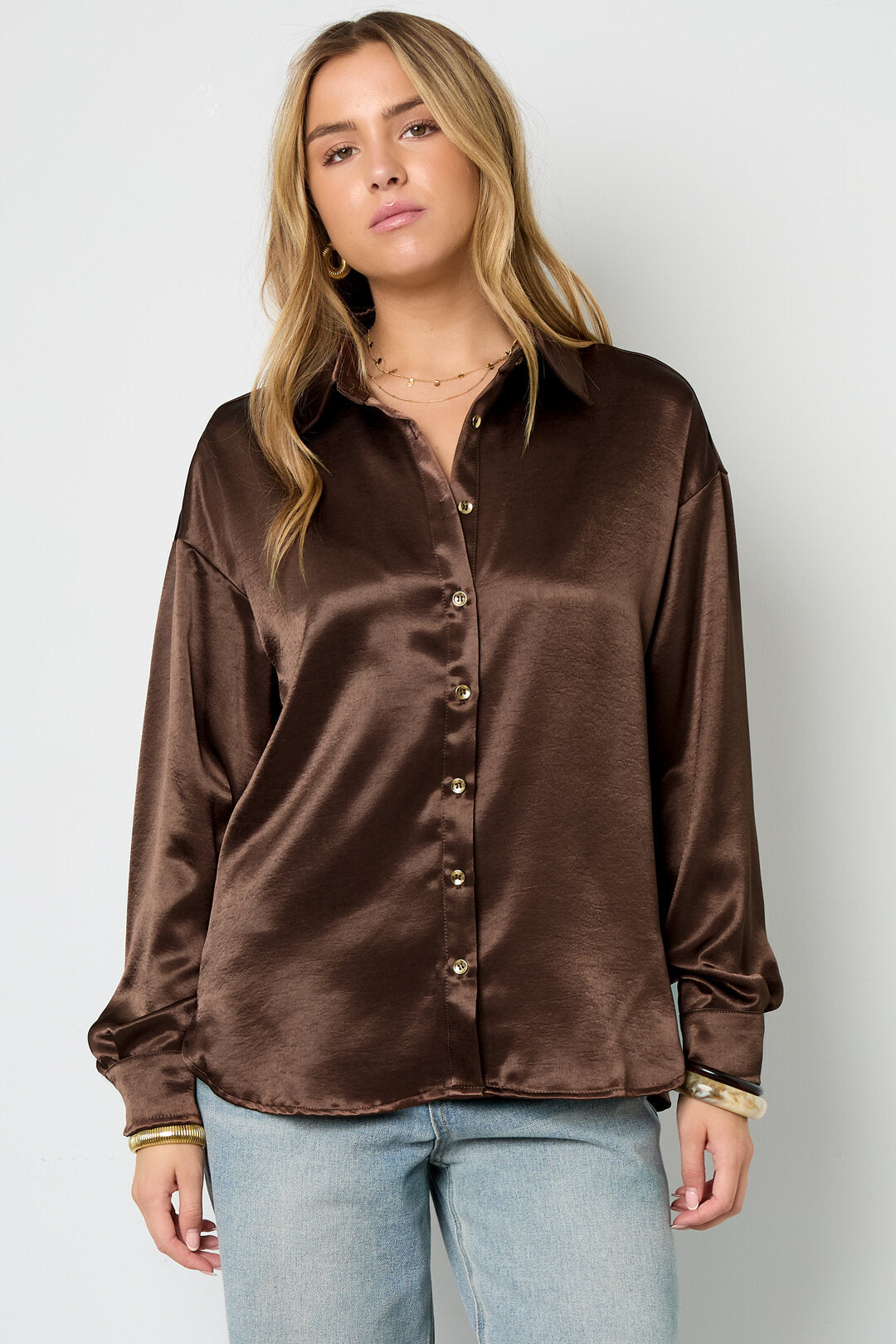 Chic Coffee Brown & Off-White Woven Blouse for Fall