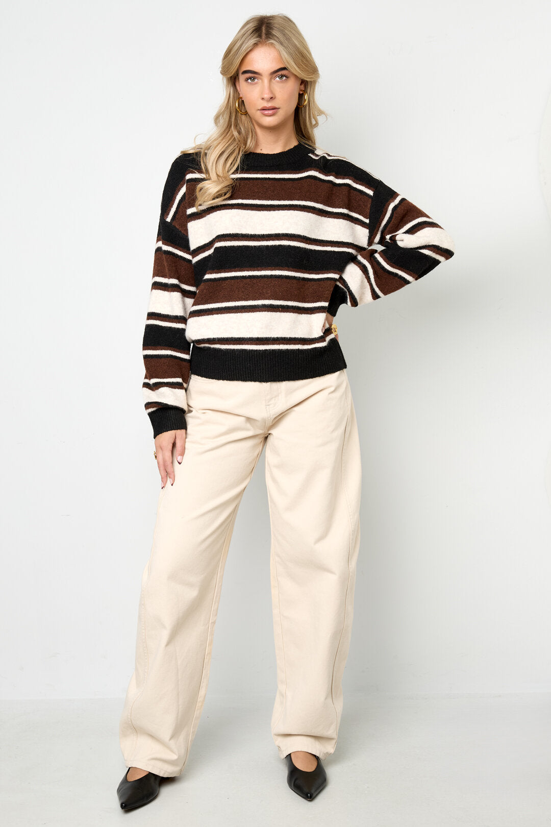 Stylish Khaki, Pink & Dark Brown Striped Knit Sweater
