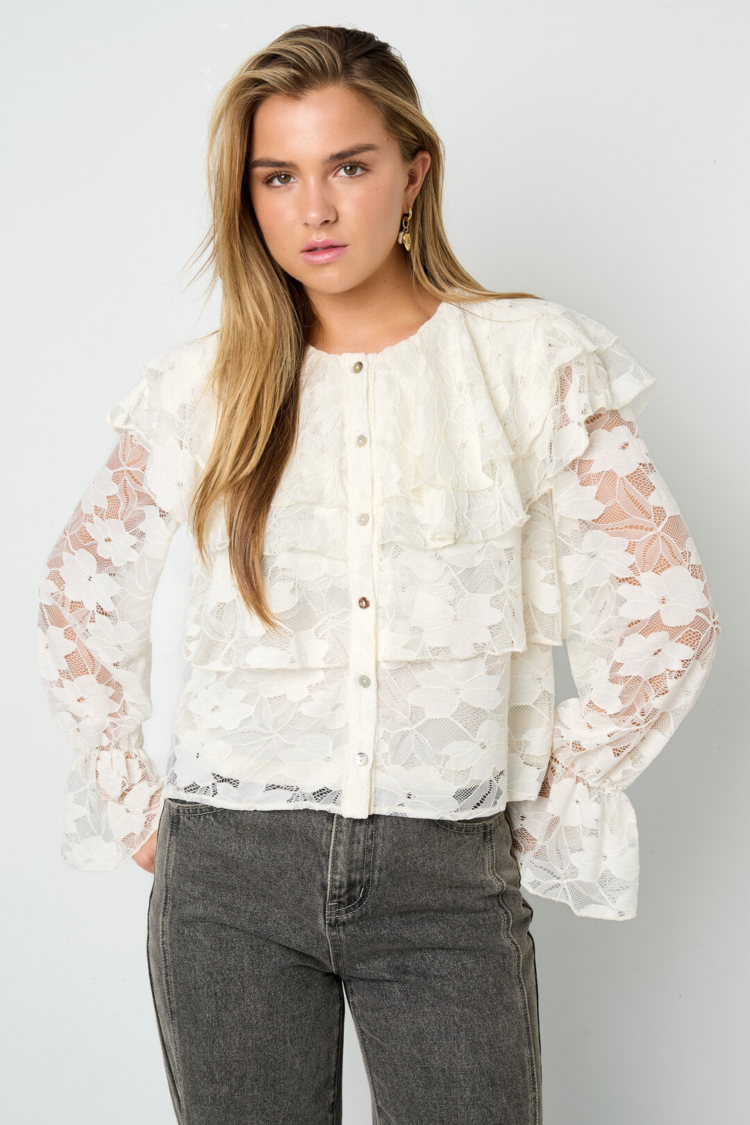 Elegant Floral Lace Panel Woven Shirt for Fall/Winter