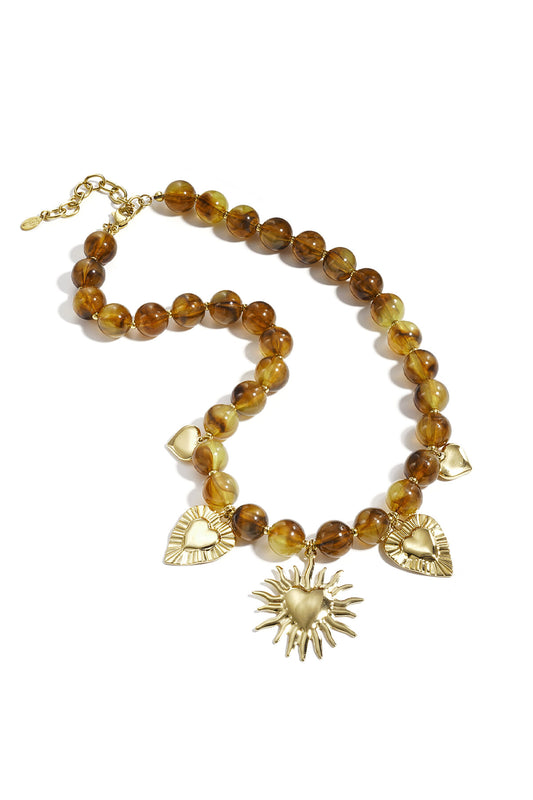 Chic Khaki & Light Pink Heart Beaded Necklace
